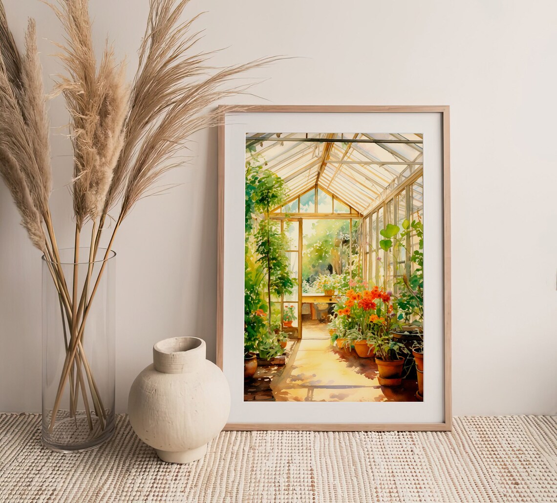 Sunlit Greenhouse Interior Potted Flowers Watercolor Garden Poster - Image 3