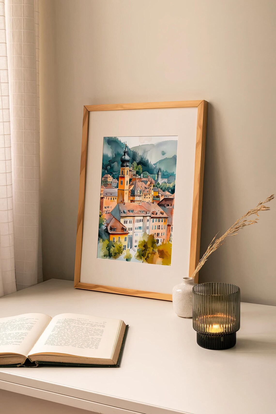 Heidelberg Old Town Church Tower Germany Watercolor Cityscape Poster - Image 2