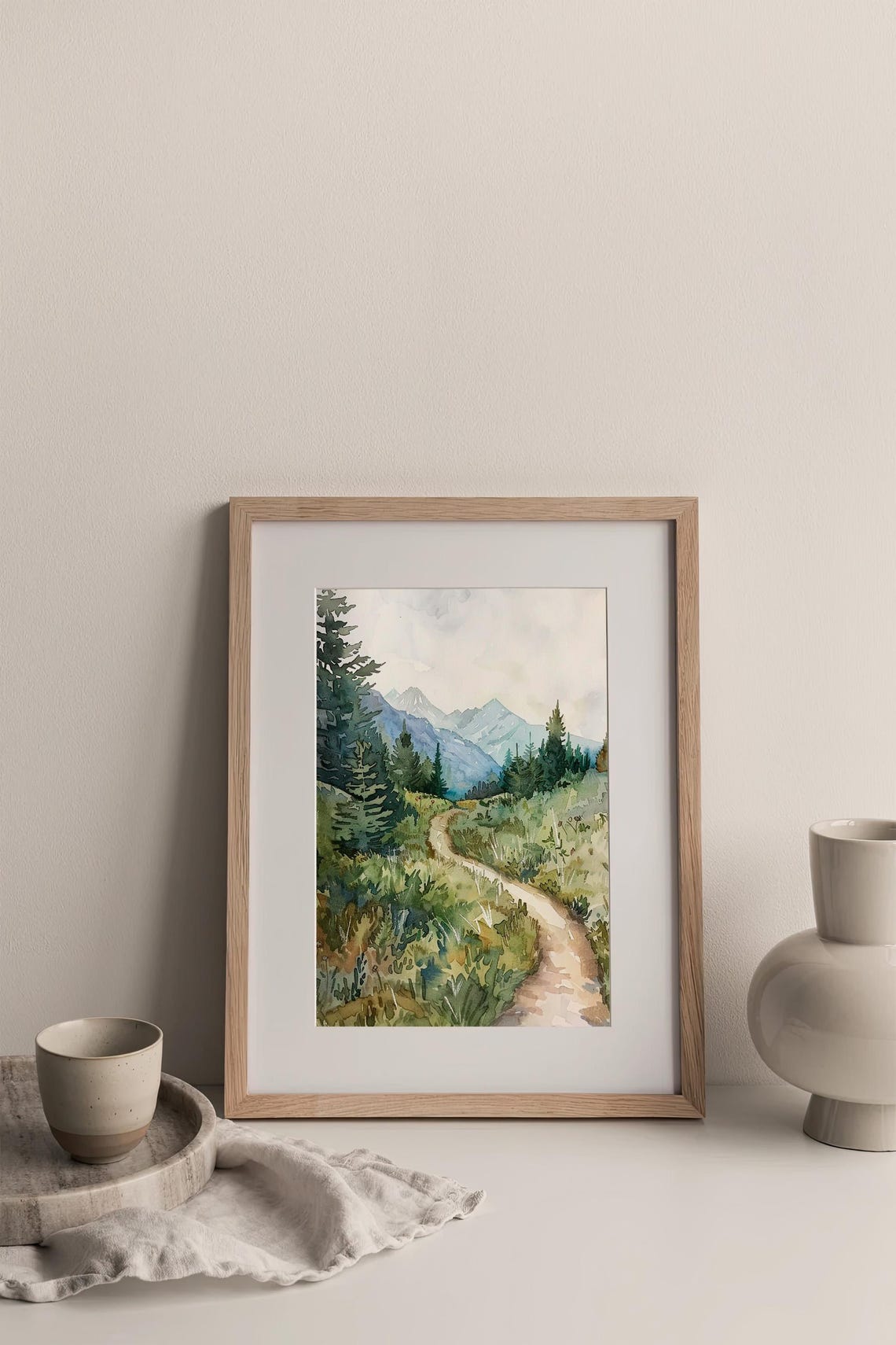 Columbia Gorge Watercolor Mountain Trail Pines Winding Path Poster - Image 3