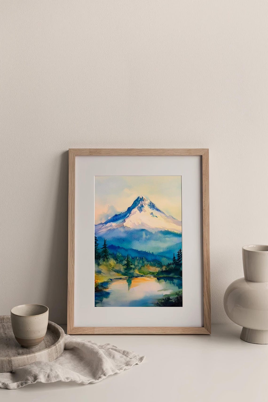 Mount Hood Oregon Snow Peak Lake Reflection Watercolor Poster - Image 3