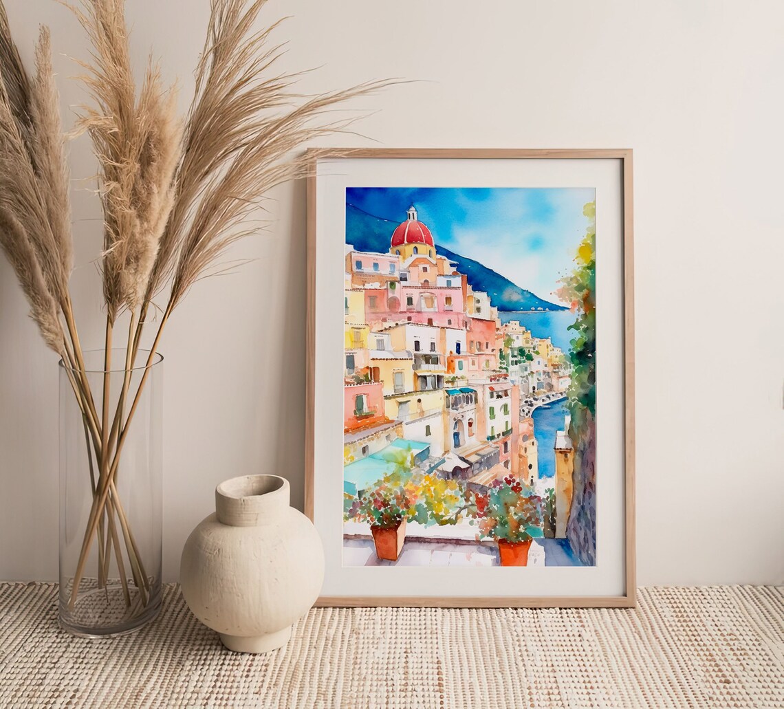 Positano Amalfi Coast Colorful Town Watercolor Travel Poster - Image 4