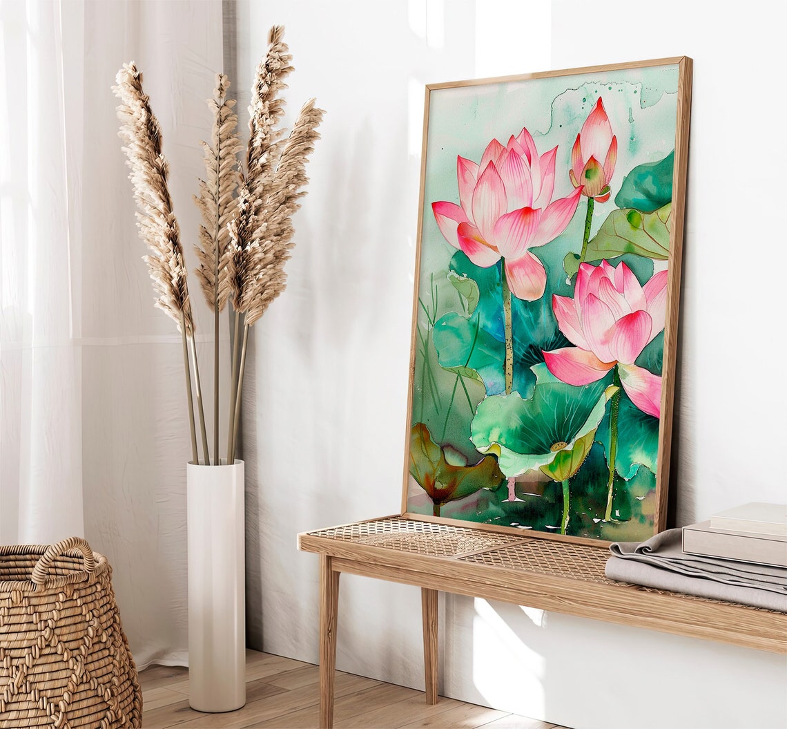 Stunning Pink Water Lilies Lotus Blossoms Pond Watercolor Poster - Image 2