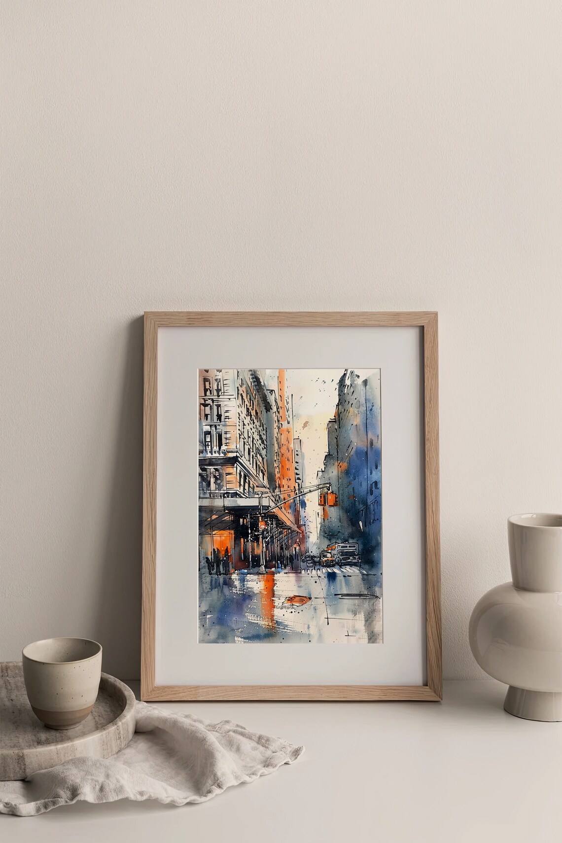 Rainy Manhattan Street Watercolor City Glow Traffic Light Poster - Image 3