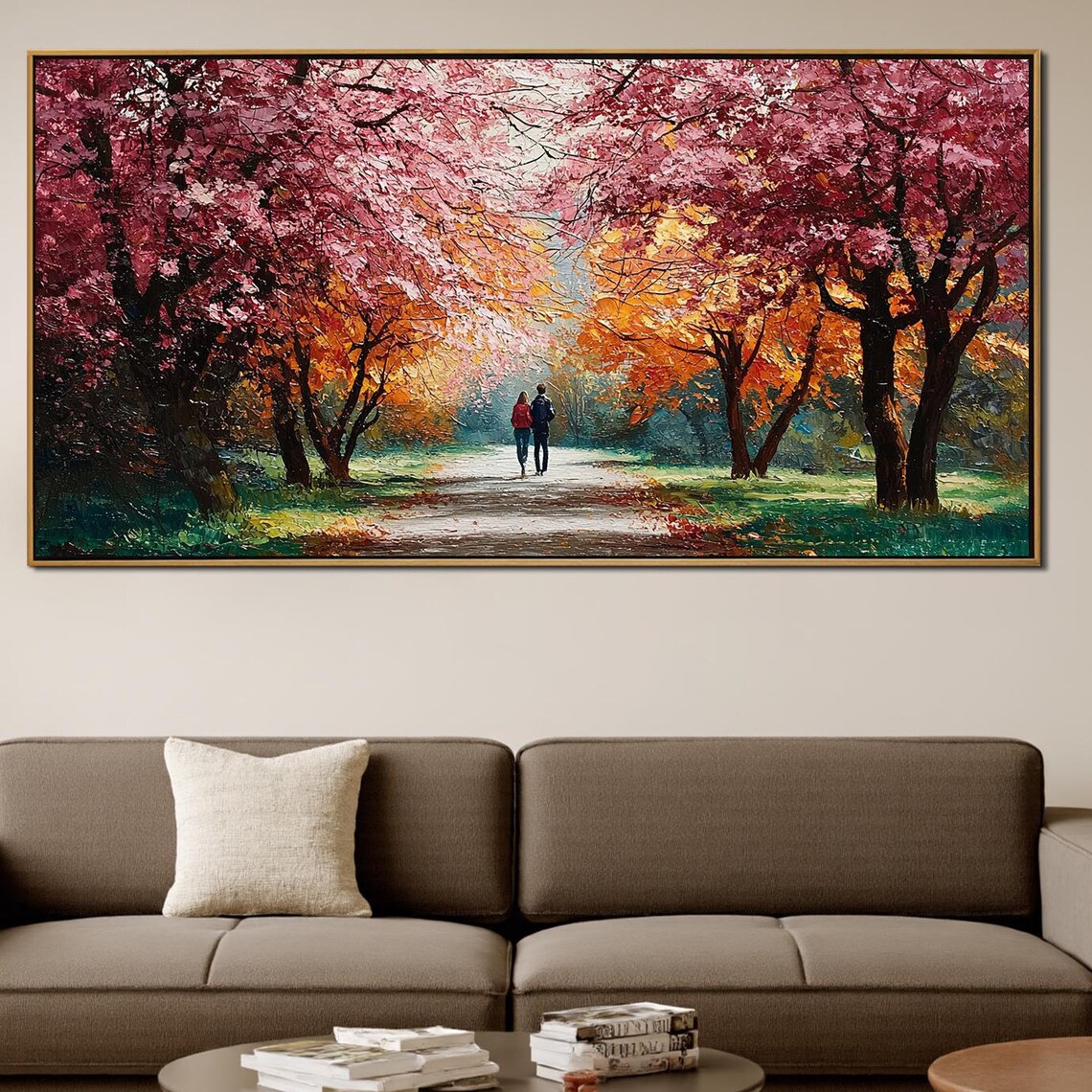 Couple Walking Autumn Park Colorful Trees Romantic Art Poster