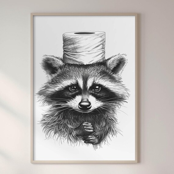 Funny Raccoon Portrait Wearing Toilet Paper Hat Monochrome Sketch Poster