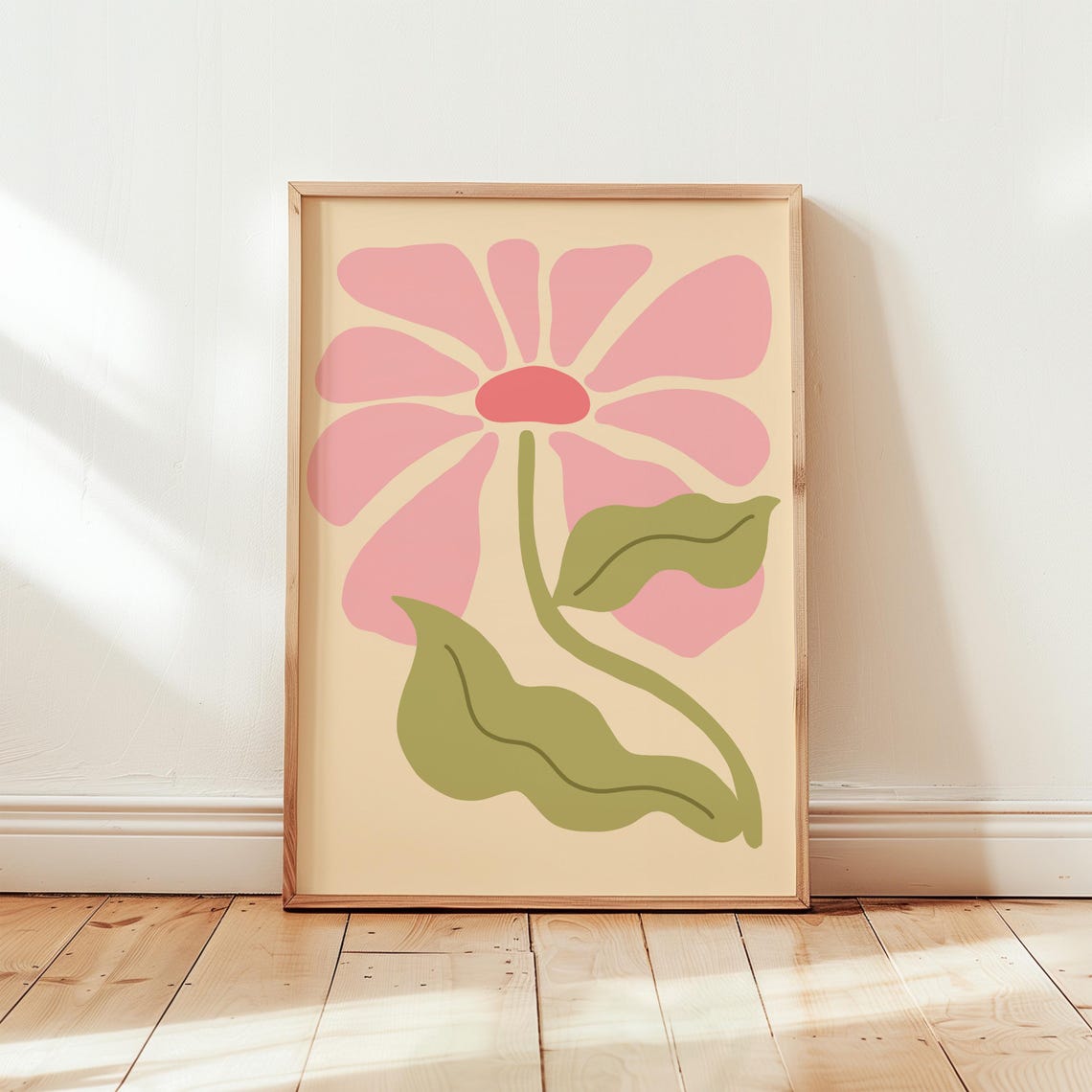 Pink Flower with Green Leaves on Cream Botanical Decor Poster