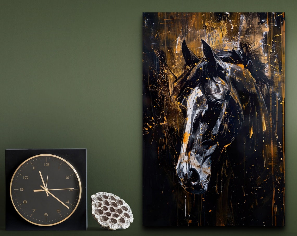 Majestic Black Horse Head Gold Splatter Abstract Modern Art Poster