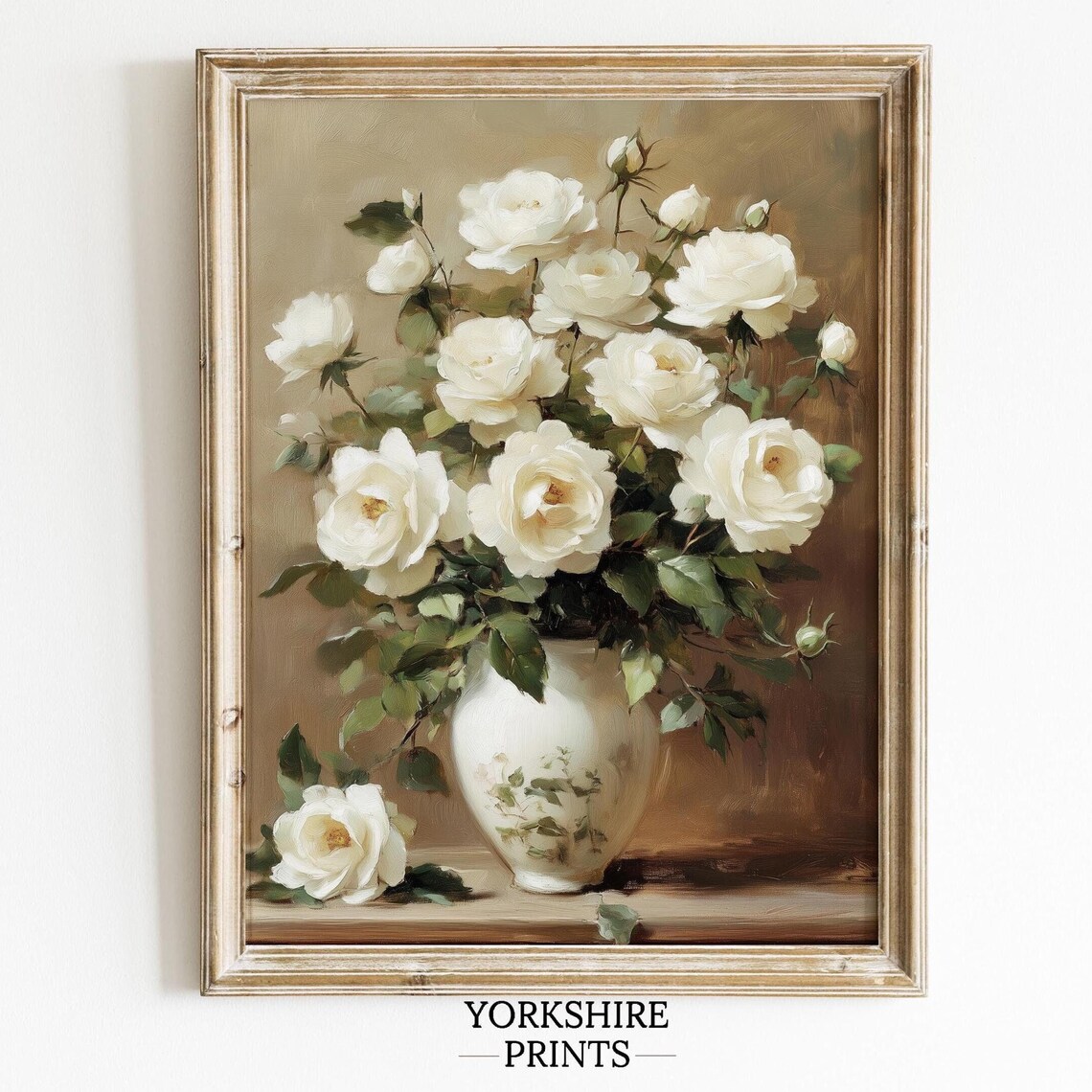 White Roses In Vase, Vintage Floral Poster Print