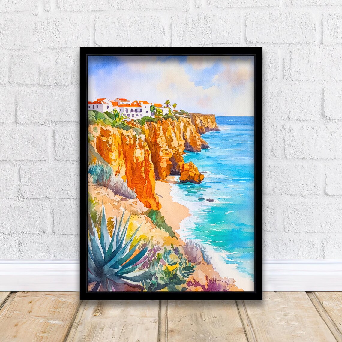 Mediterranean Coastal Cliffs Turquoise Sea Watercolor Poster