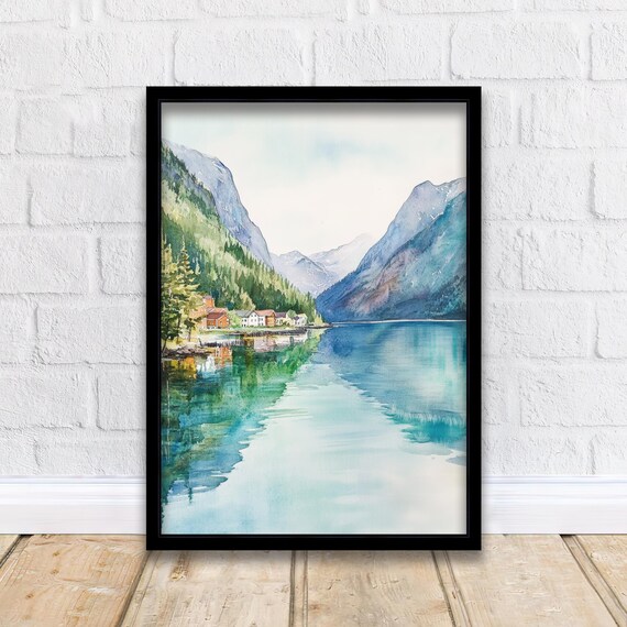 Mountain Lake Village with Mirror Reflection Watercolor Poster
