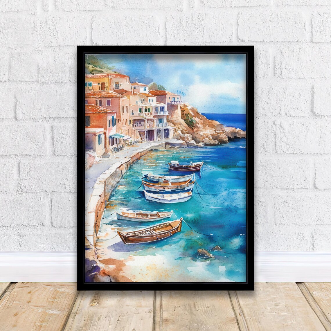 Mediterranean Fishing Village Harbor Boats Turquoise Water Poster