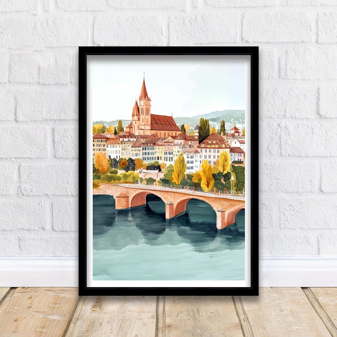 Basel Switzerland Rhine River Stone Bridge Cathedral View Poster