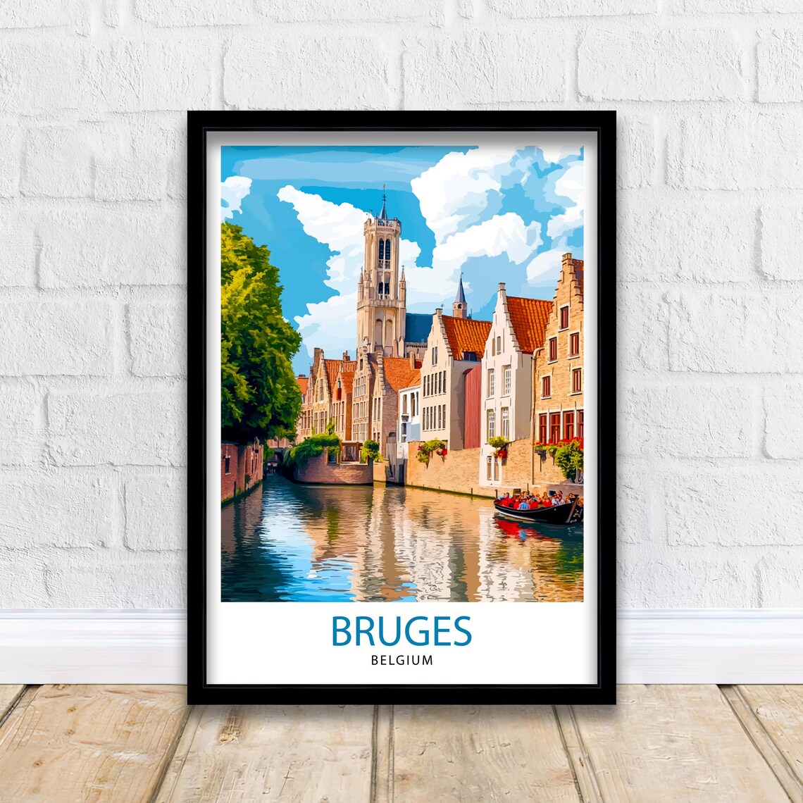 Bruges Belgium Canal Houses Belfry Vibrant City Travel Poster