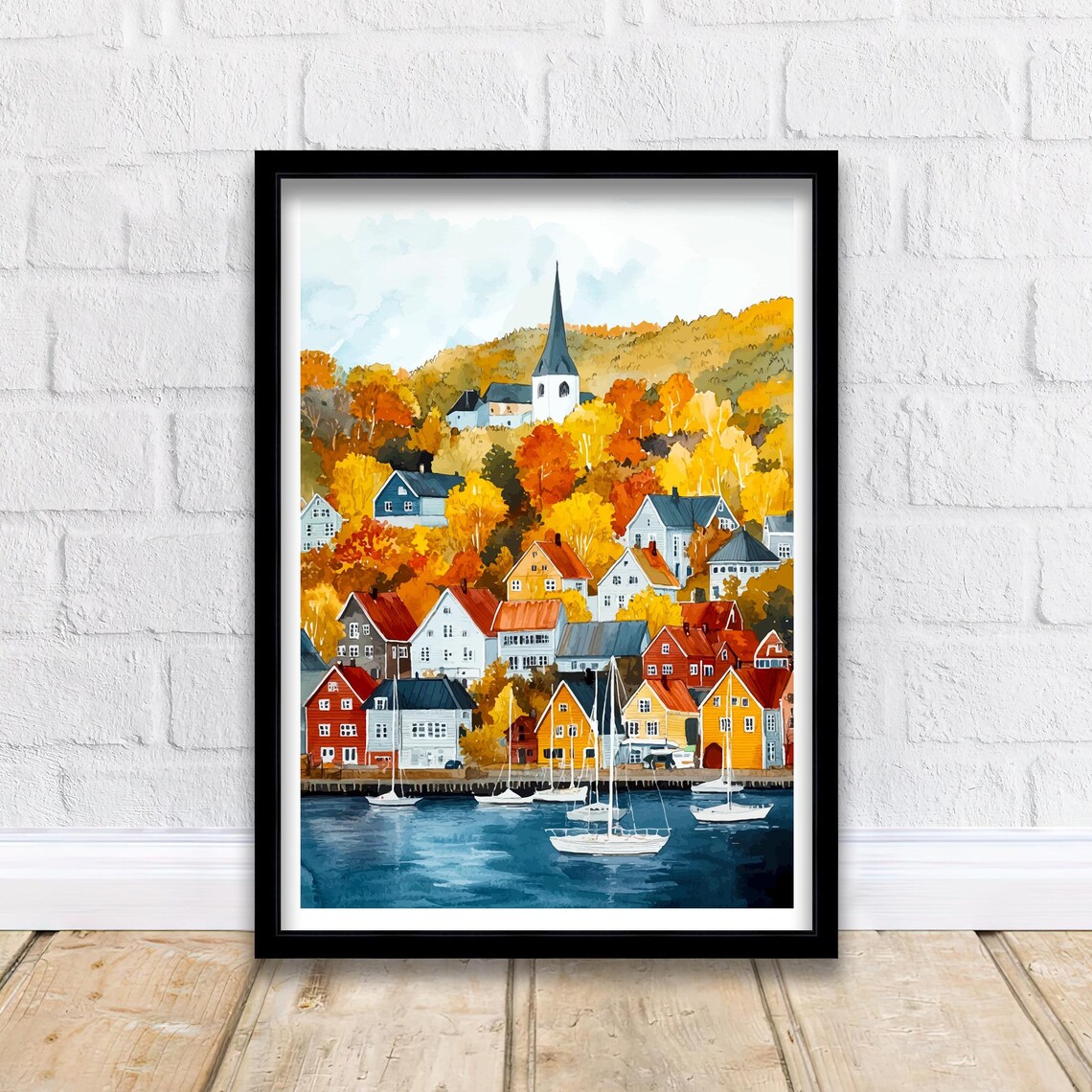 Trondheim Norway Watercolor Autumn Harbor Town Church Poster