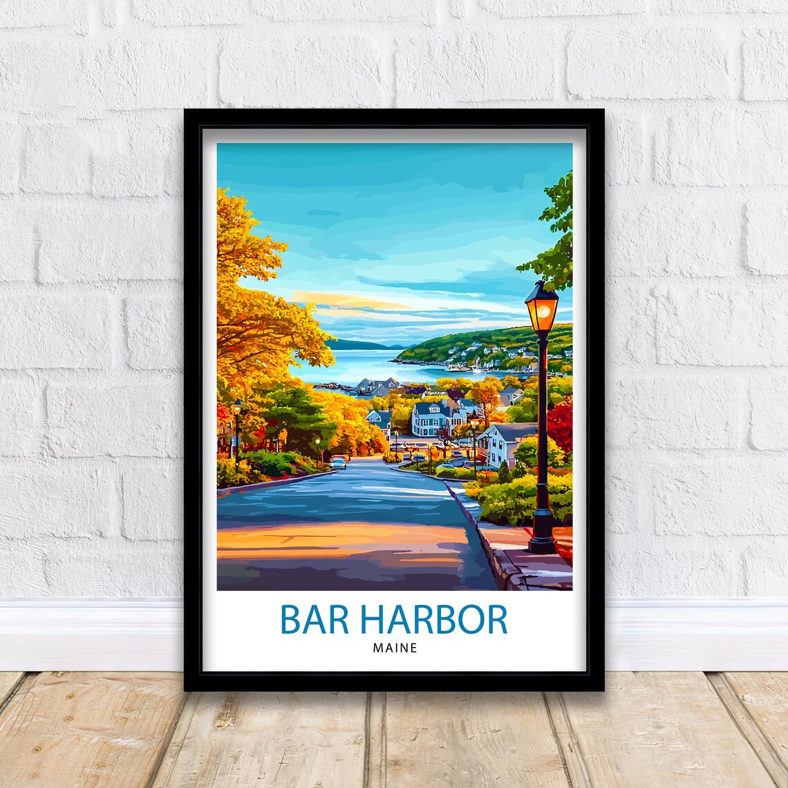 Bar Harbor Maine Autumn Street Harbor View Vintage Travel Poster