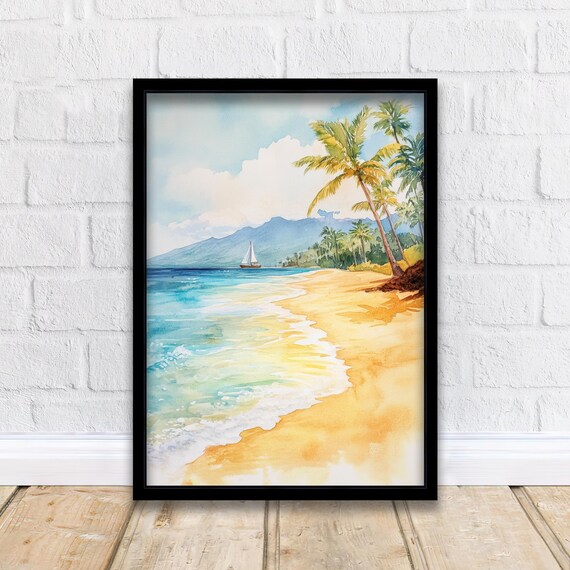 Maui Hawaii Tropical Island Beach Palms Sailboat Watercolor Poster