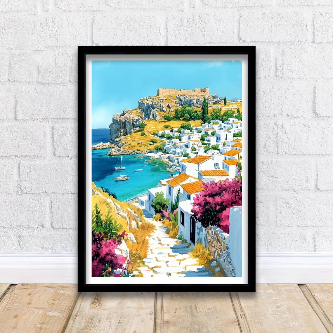 Lindos Greece Whitewashed Cliffside Village Acropolis Bay View Poster