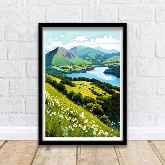 Cat Bells Lake District Fell Lakeside Mountains Wildflowers Art Poster