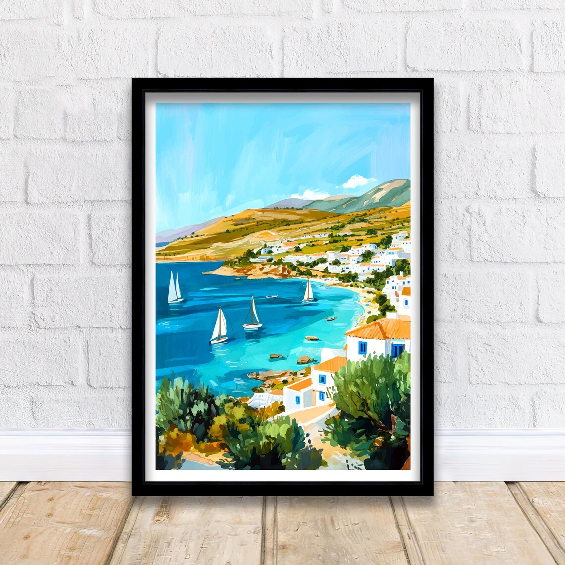 Crete Greece Turquoise Bay Sailboats Coastal Village Scene Poster