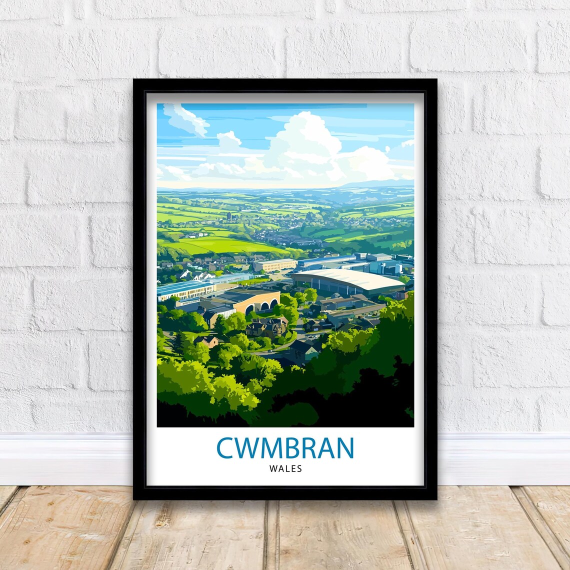 Cwmbran Wales Travel Poster, Welsh Town Landscape