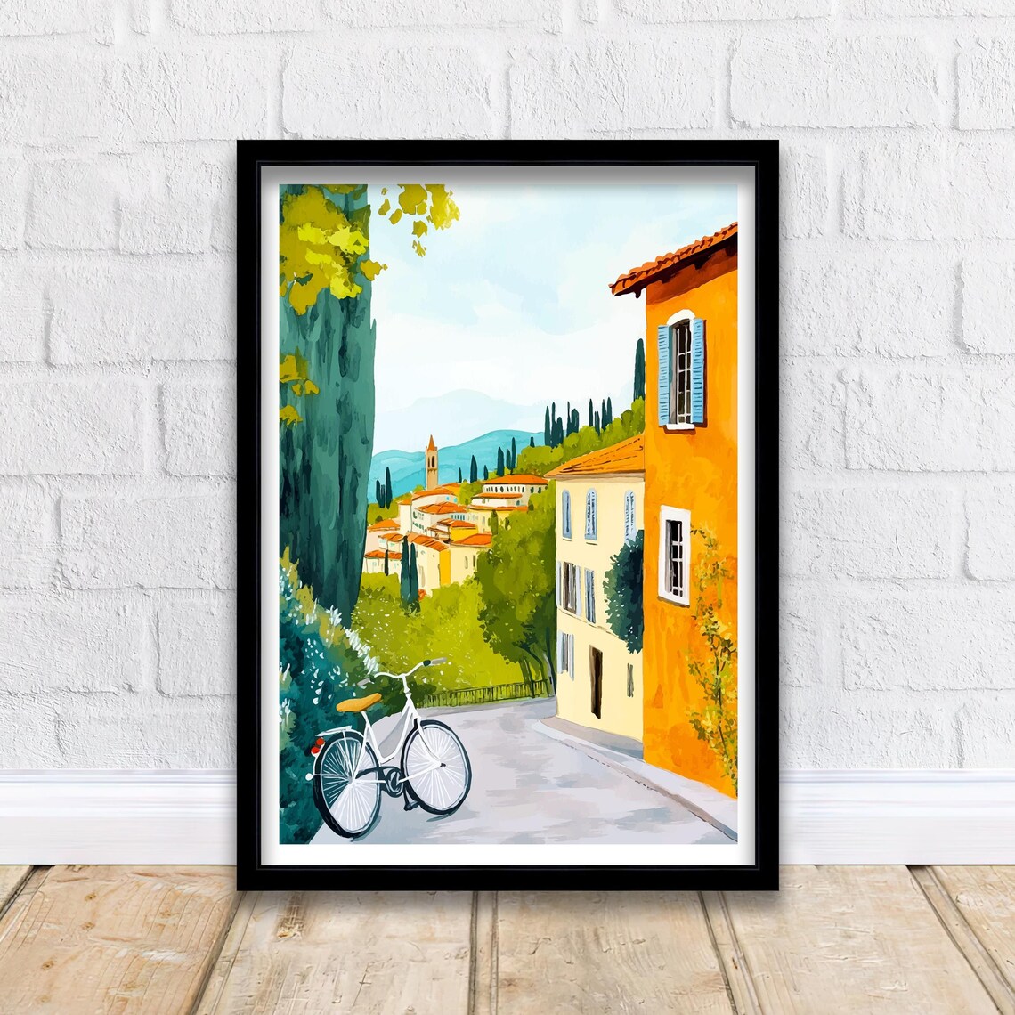 Florence Italy Tuscan Hill Street Bicycle Watercolor Scene Poster - Image 2