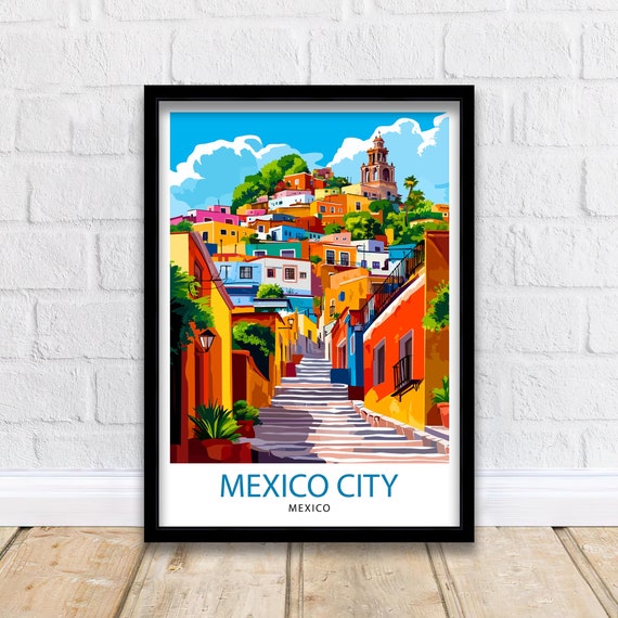 Mexico City Colorful Colonial Street Steps Church View Poster