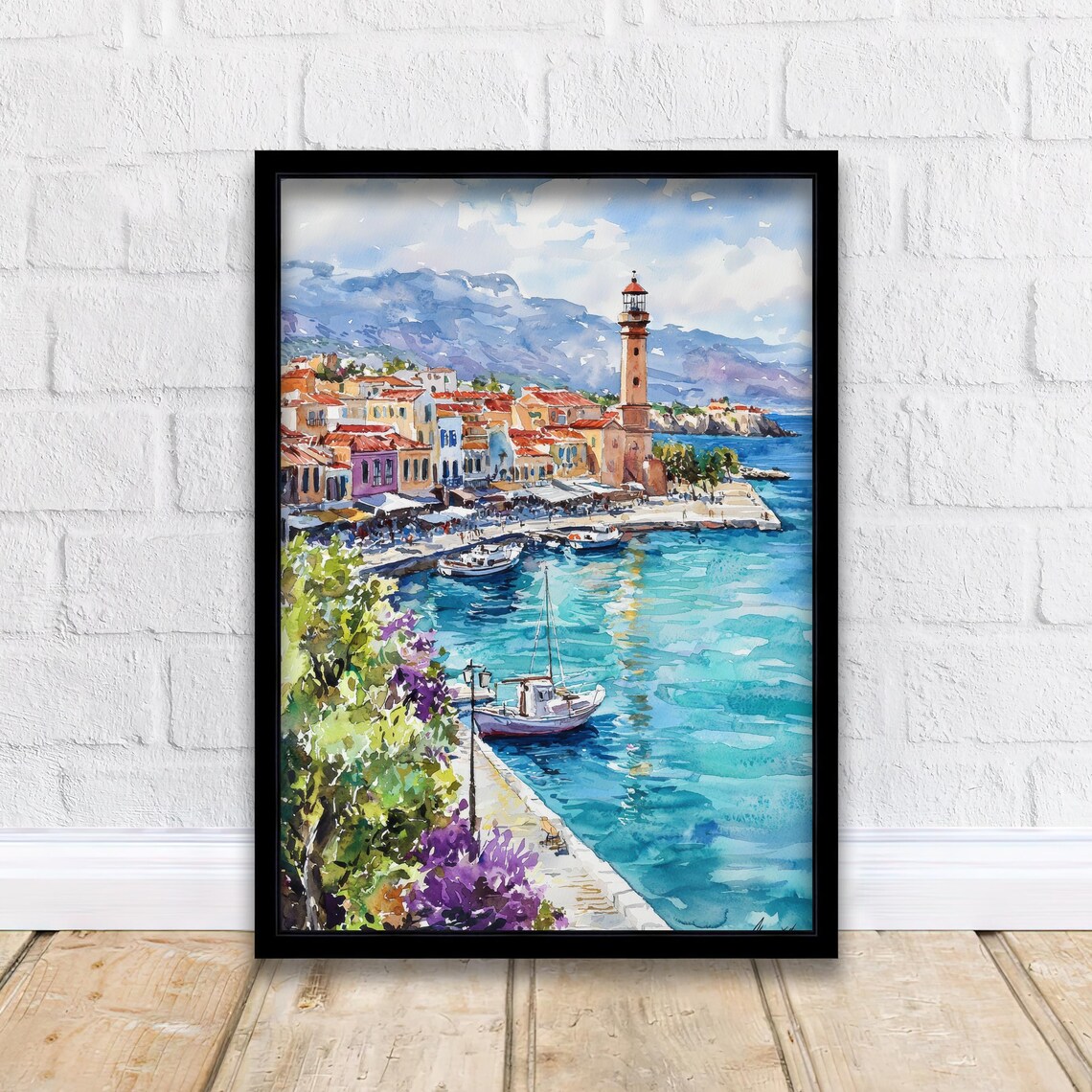 Chania Crete Watercolor Old Harbor Lighthouse Turquoise Sea Poster