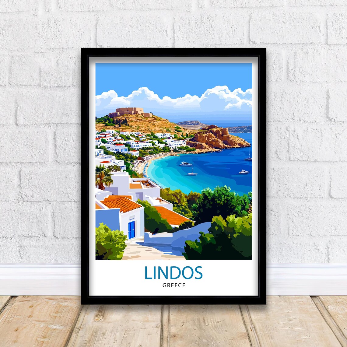 Lindos Greece Acropolis Whitewashed Houses Turquoise Bay Art Poster
