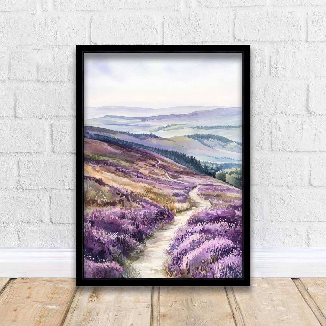Long Mynd Shropshire Heather Hills Watercolor Path Painting Poster