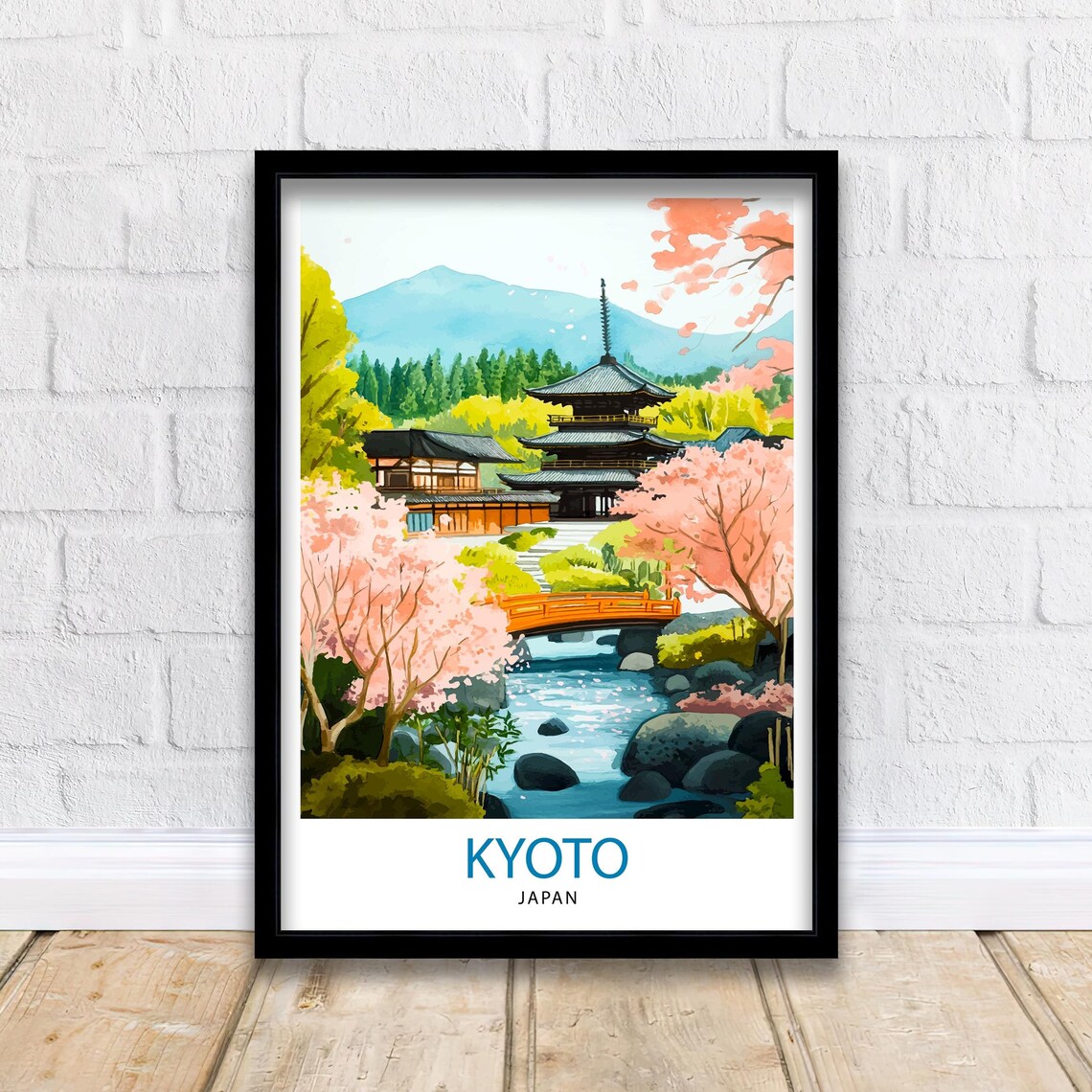 Kyoto Japan Cherry Blossom Pagoda Spring Stream Temple Garden Poster
