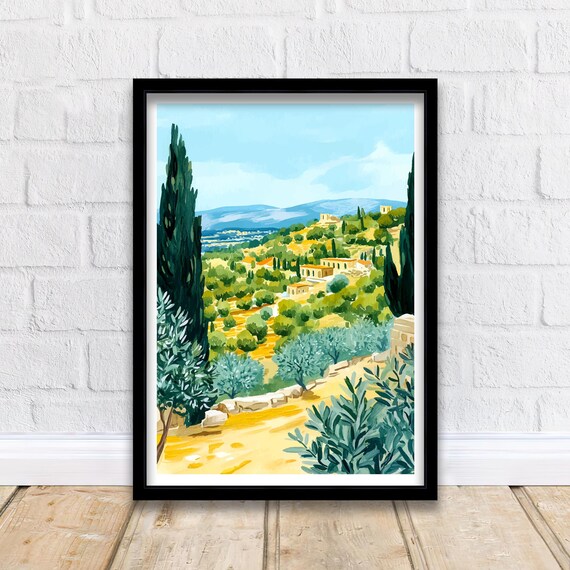 Athens Greece Olive Grove Cypress Hillside Ancient Ruins Painting Poster