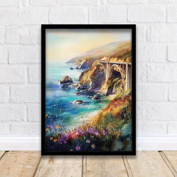 Big Sur California Bixby Creek Bridge Coast Wildflowers Watercolor Poster