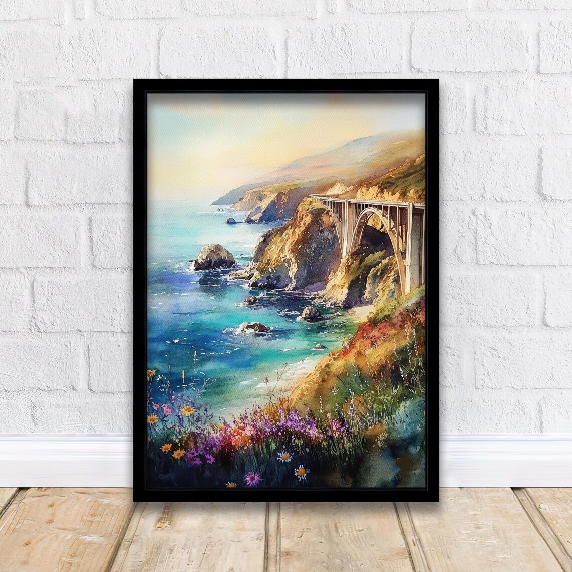 Big Sur California Bixby Creek Bridge Coast Wildflowers Watercolor Poster