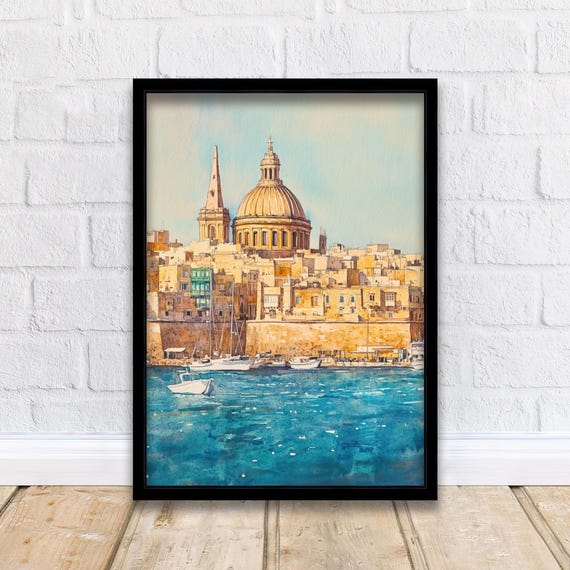 Valletta Malta Watercolor Art Print, Scenic City