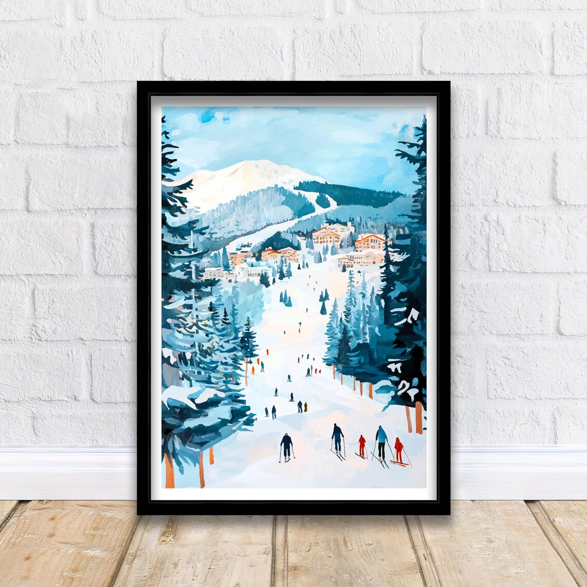 Les Arcs France Ski Resort Village Skiers Snowy Pines Art Poster