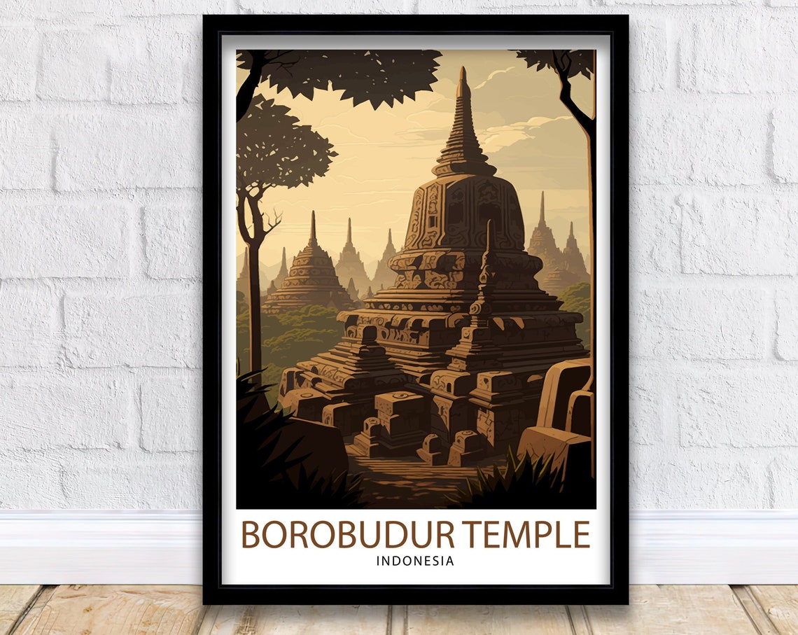 Borobudur Temple Indonesia Carved Stone Stupa Vintage Travel Poster
