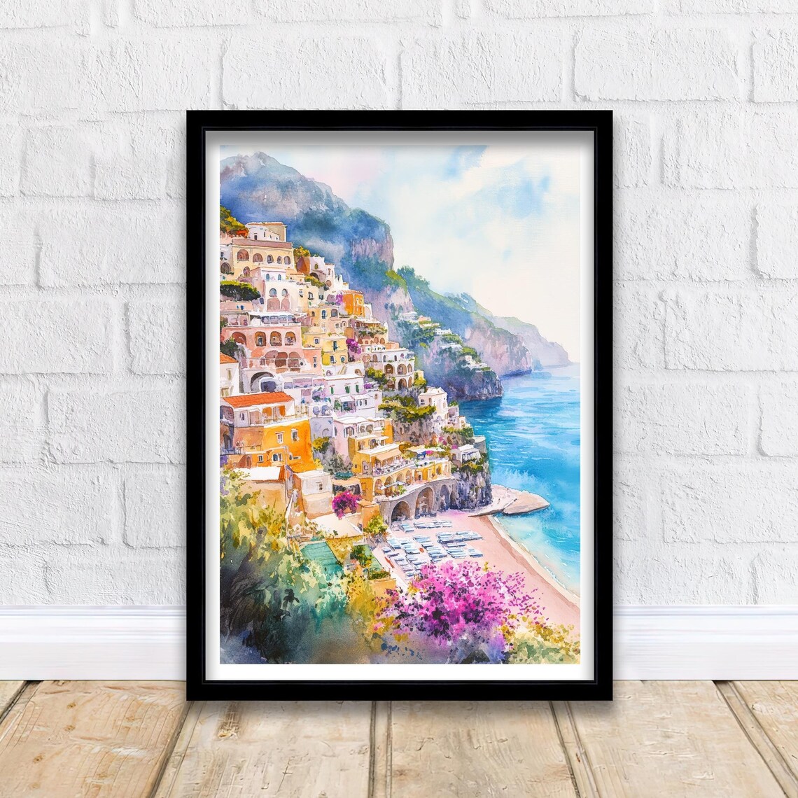 Positano Italy Amalfi Coast Watercolor Cliffside Village Poster