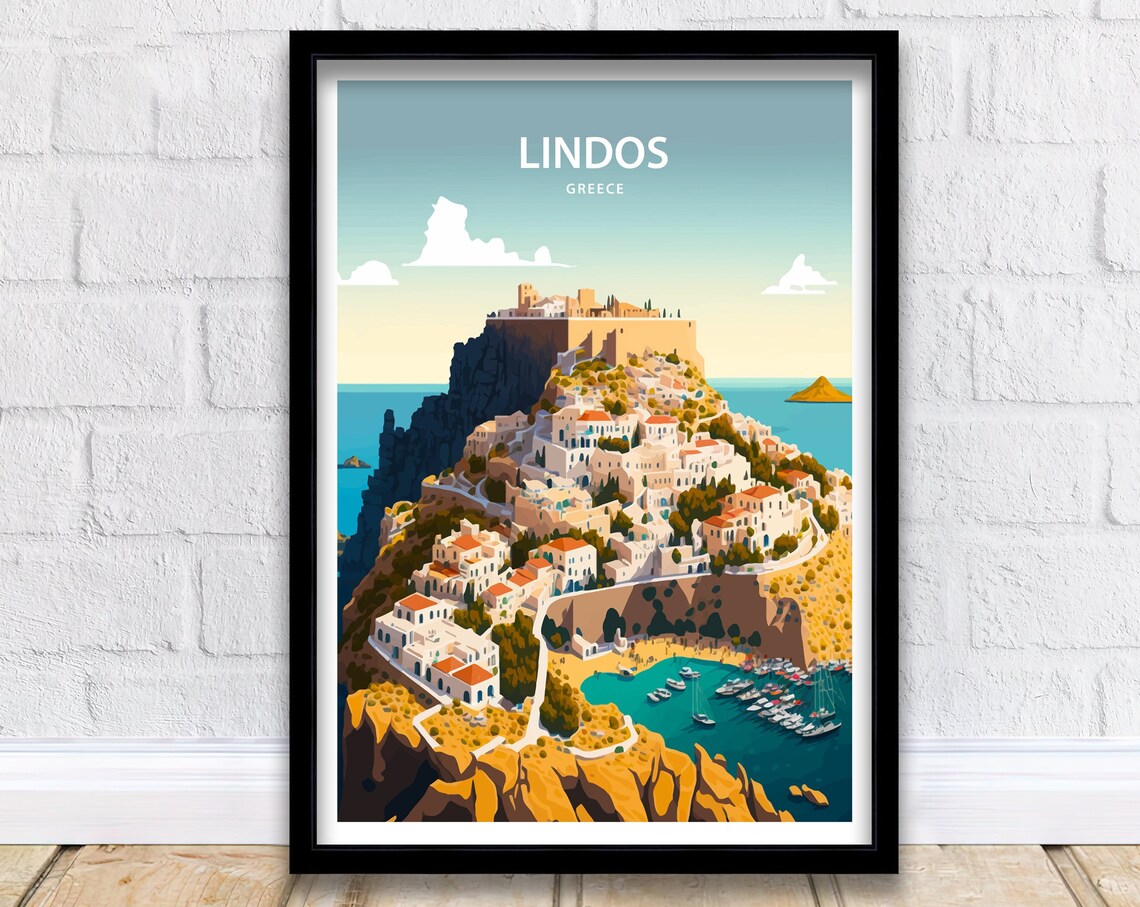 Lindos Travel Poster, Greece Rhodes Landscape