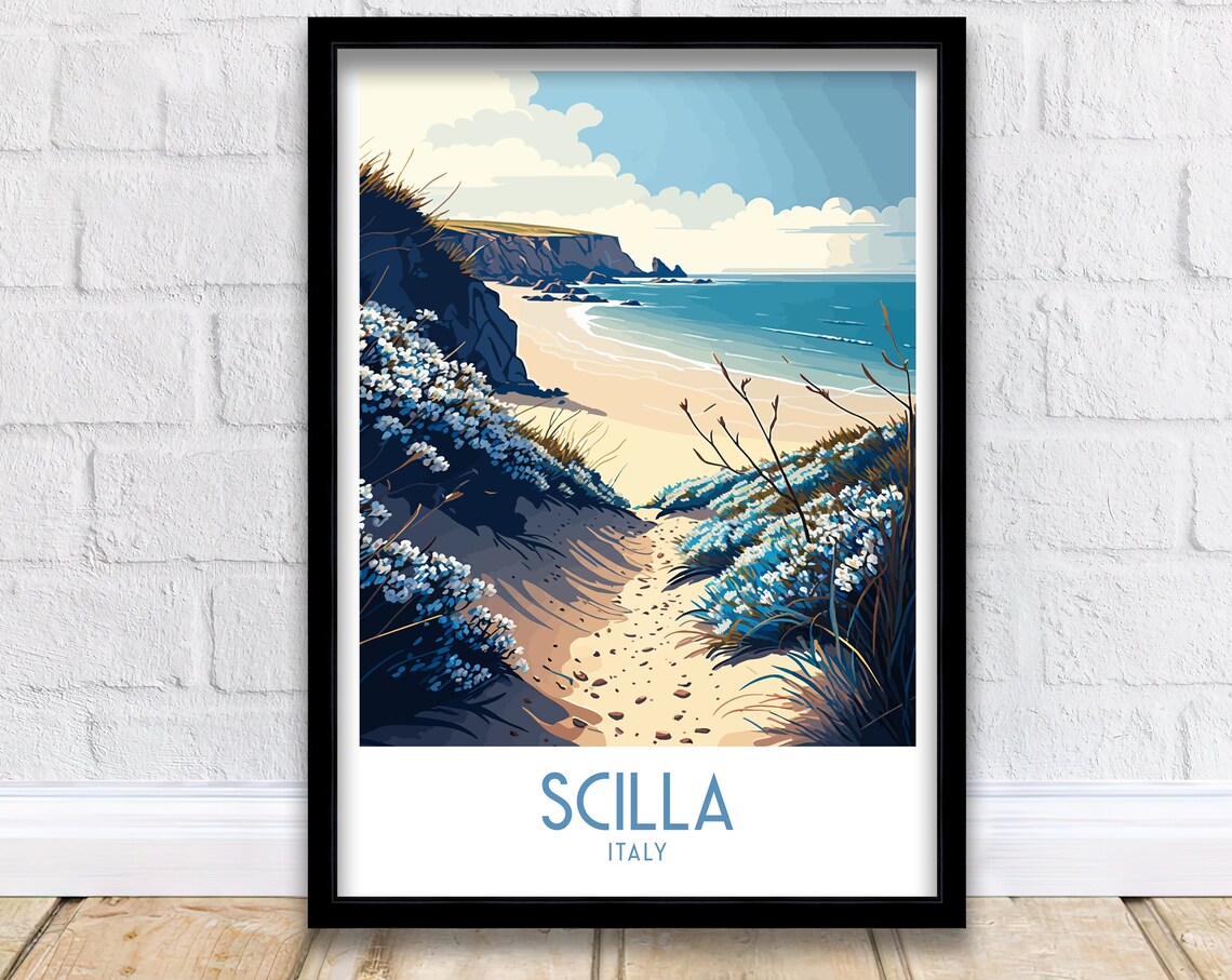 Scilla Italy Coastal Beach Path Wildflowers Vintage Travel Poster