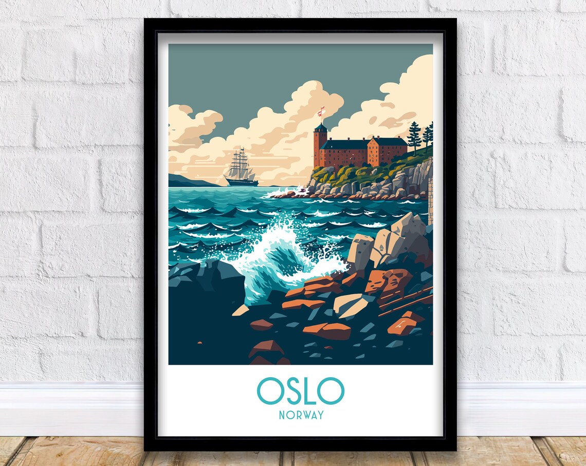 Oslo Norway Coastal Fortress Tall Ship Crashing Waves Travel Poster