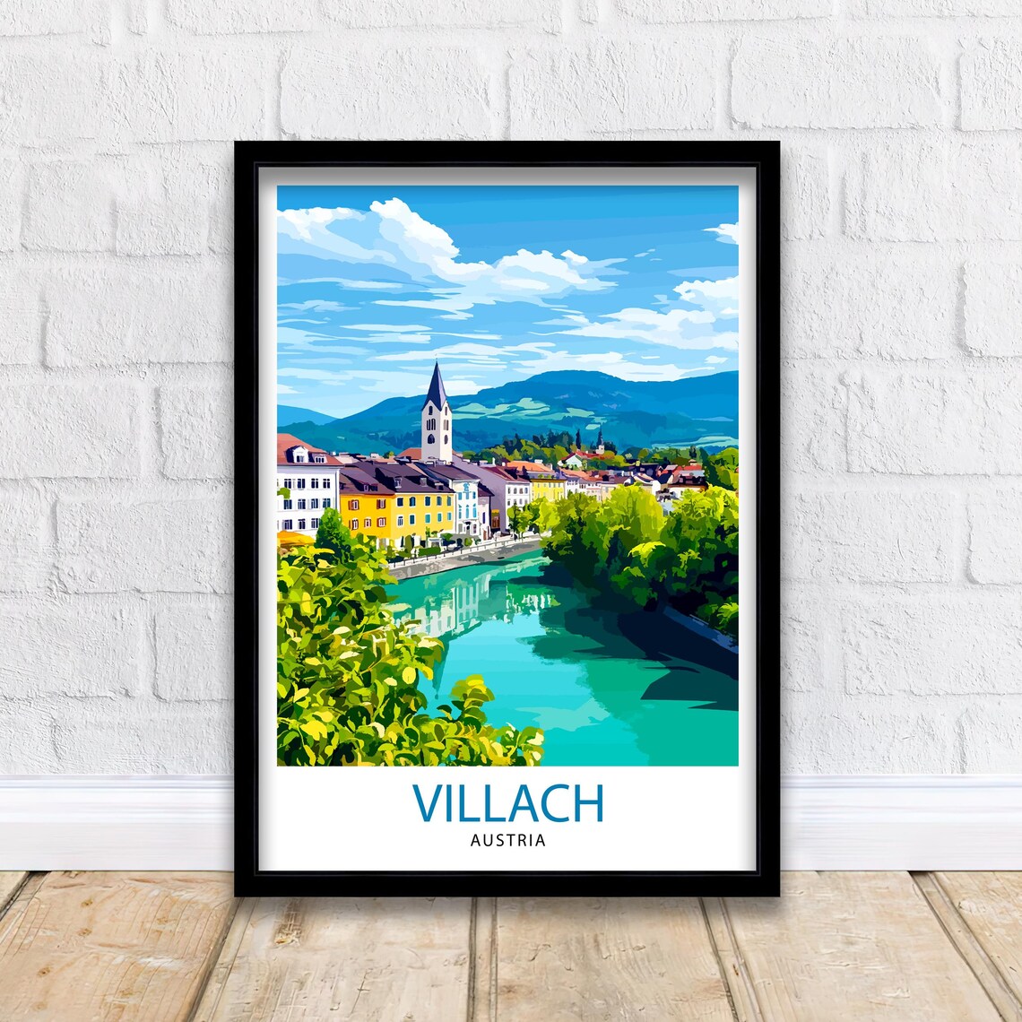 Villach Austria Riverside Town Church River Mountain View Poster