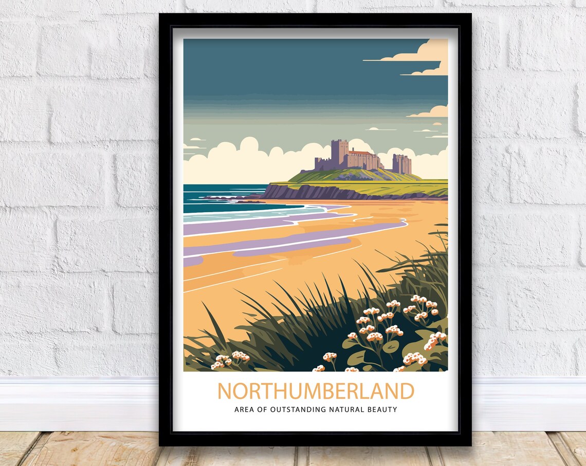 Northumberland Travel Poster, Bamburgh Castle Coast