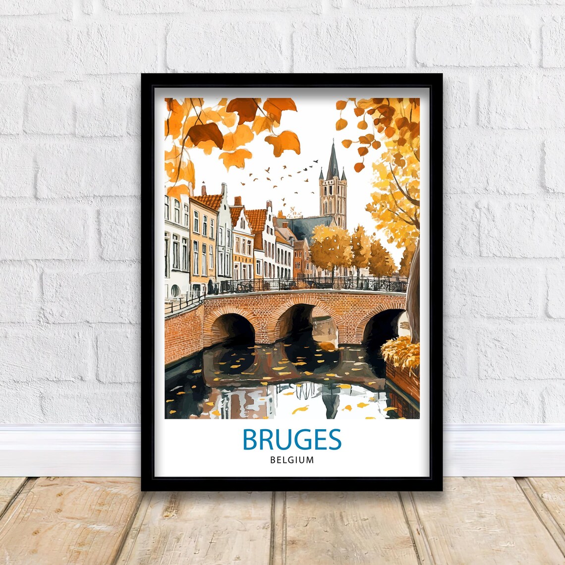 Bruges Belgium Old Town Autumn Canal Bridge Tower Scene Poster