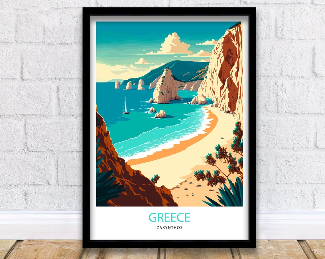 Zakynthos Greece Limestone Sea Stacks Beach Retro Travel Poster