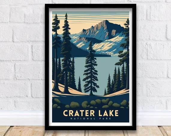 Crater Lake National Park Vintage Pine Forest Lake Travel Poster