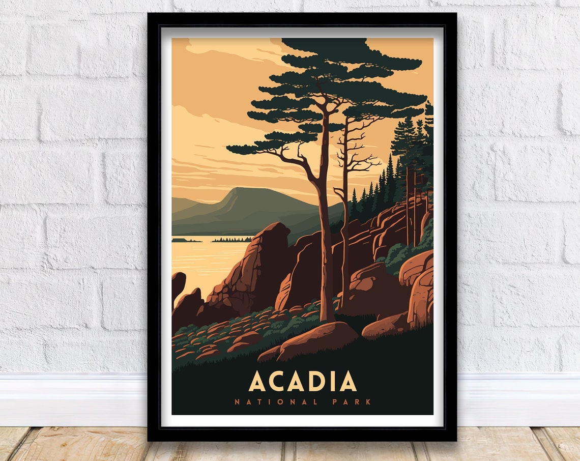 Acadia National Park Maine Coastal Cliffs Pine Sunset Travel Poster