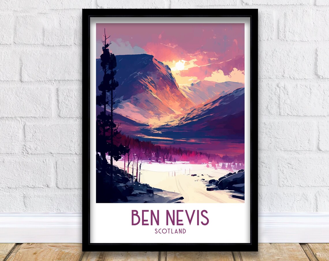 Ben Nevis Scotland Mountain Valley Dusk Purple Glow Travel Poster