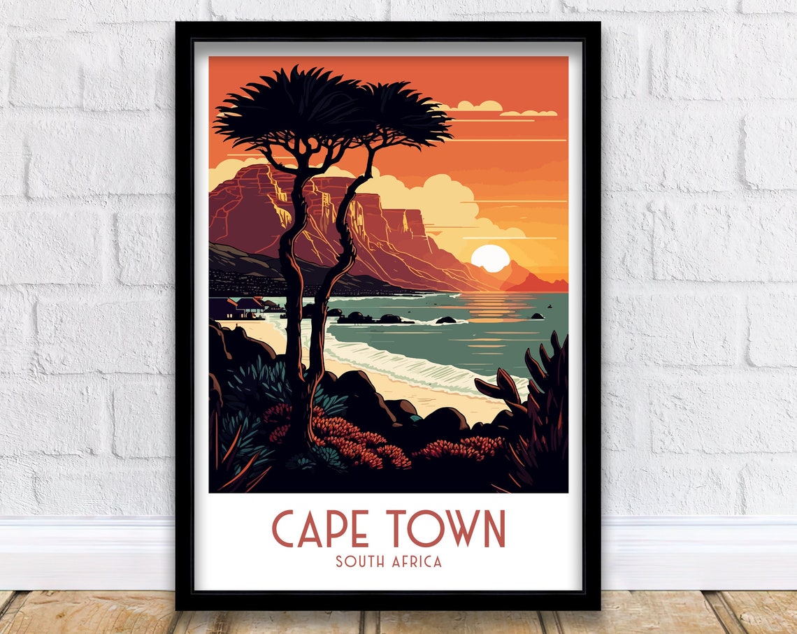 Cape Town Table Mountain Sunset Beach South Africa Retro Travel Poster