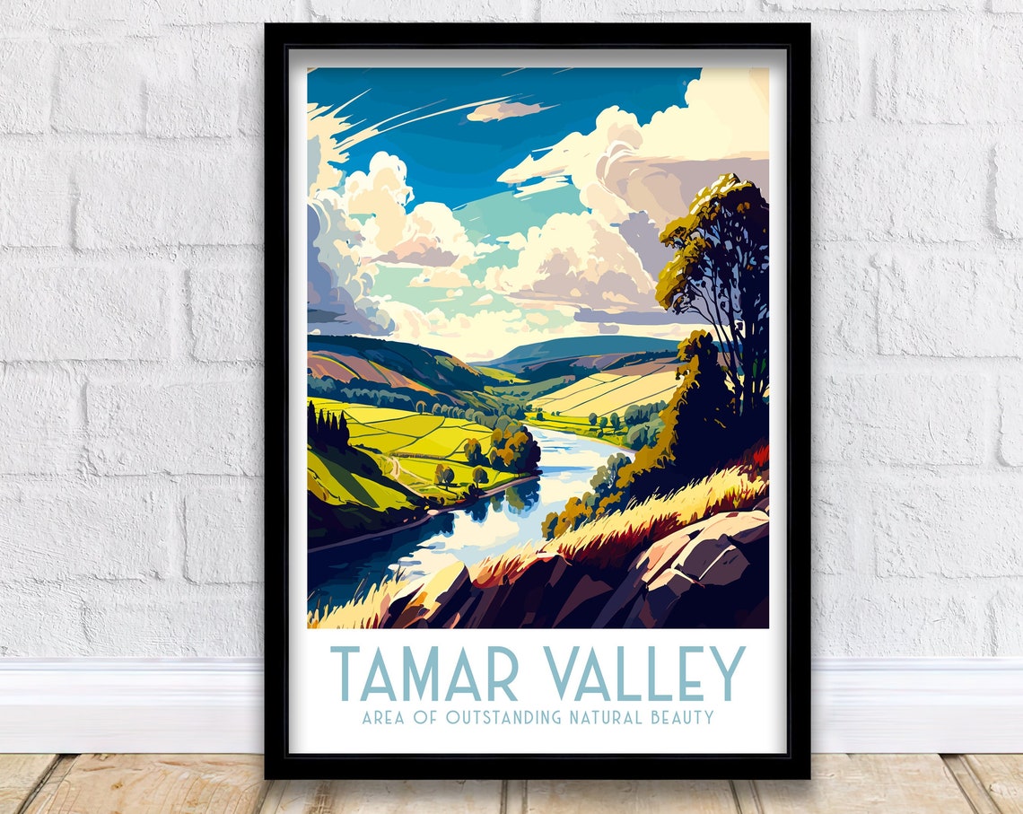Tamar Valley River Winding Through Green Hills Landscape Poster