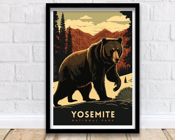 Yosemite National Park Bear Mountain Pine Forest Wildlife Poster